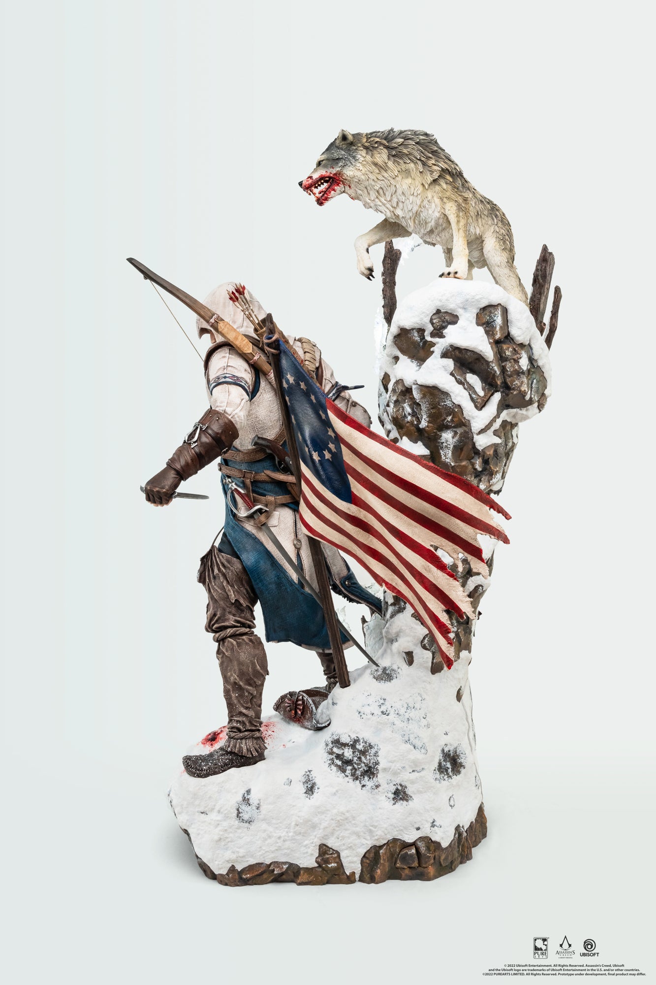 A full side-profile view of the Animus Connor statue, showing Connor, the wolf, and the tattered American flag in one shot.