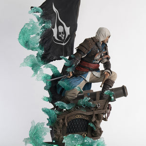 A side-profile view of the Animus Edward Kenway statue, emphasizing the swirling, translucent Animus effect and the overall composition from the side.