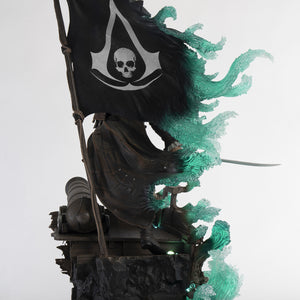 Rear view of the Animus Edward Kenway statue, focusing on the large pirate flag with the Assassin's symbol and the glowing Animus effect behind the figure.