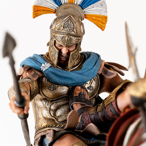 Close-up portrait of the Athenian Commander's face, showing his yelling expression and the blue/orange plumed helmet.