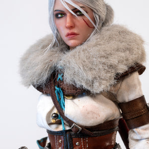 Extreme close-up of Ciri's torso and face, focusing on the turquoise-studded belt and the texture of the fur collar.