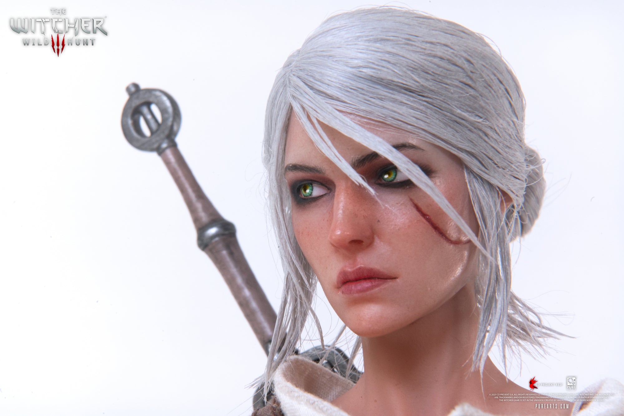 Close-up profile of Ciri's face and gray hair, showing the detailed sculpt and painting of her features.