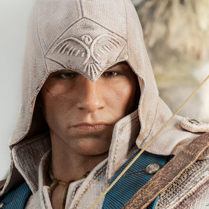 A very close-up shot of the face of the Animus Connor statue, highlighting the realistic skin texture, facial expression, and his trademark scar.