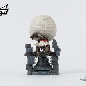 Rear view of the PureArts Qlectors Altaïr figure, focusing on the back of his hooded head, the details of his outfit, and the stone bell tower base.