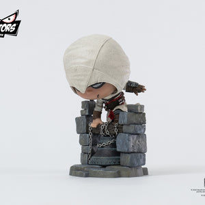 A dynamic shot of the PureArts Qlectors Altaïr figure on his bell tower base, with one hand on a chain and a slight lean, highlighting the action pose.
