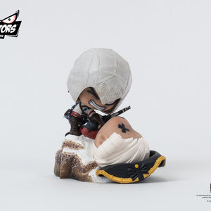 Angled front view of the Qlectors Connor figure, highlighting the iconic scene with Connor’s hatchet raised over the soldier's head.
