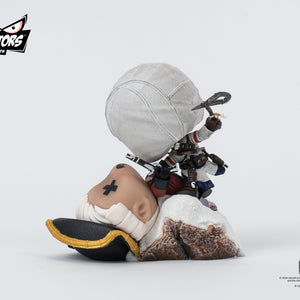 A side shot of the PureArts Qlectors Connor figure in a dynamic pose, holding his hatchet and rifle, with the defeated British soldier on the ground.