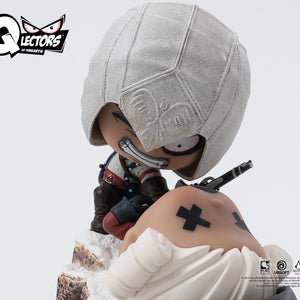 A close-up on the face of the Qlectors Connor figure, highlighting his focused, determined expression and the details of his hood and outfit.