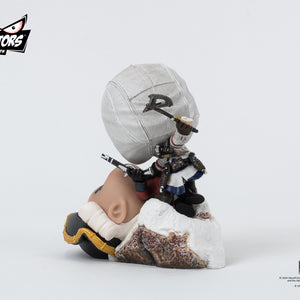 Back-left angle of the PureArts Qlectors Connor figure, highlighting his iconic weaponry and the snowy terrain of the base.
