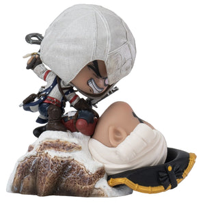 Side view of the PureArts Qlectors Connor Kenway figure, showing him in a dynamic pose over a defeated British soldier on a snow-covered base.