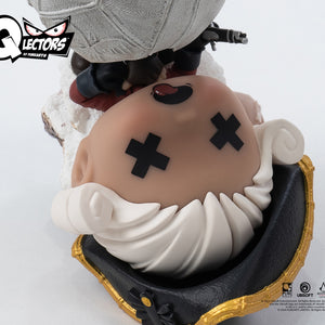 A detailed close-up of the fallen British soldier's head from the PureArts Qlectors figure, showing the detail of his white hair, black hat, and stylized "x" eyes.