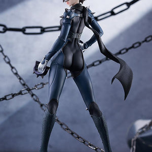 Full-length view of the Queen figure from Persona 5 Royal in an industrial diorama, highlighting her memorable Phantom Thief attire.