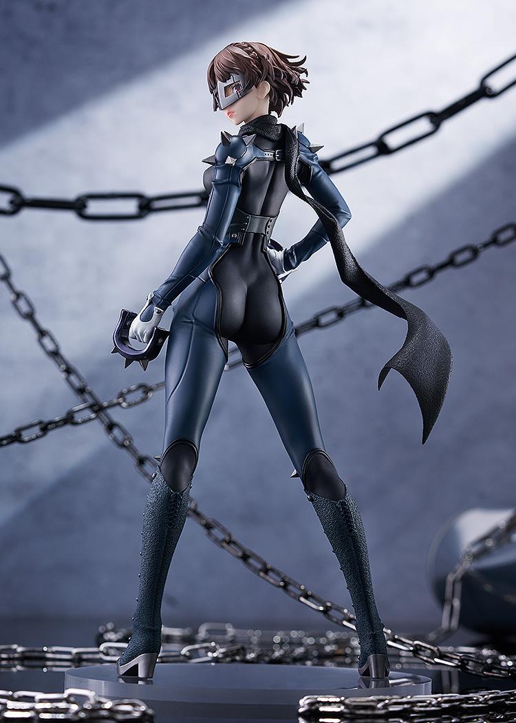 Full-length view of the Queen figure from Persona 5 Royal in an industrial diorama, highlighting her memorable Phantom Thief attire.