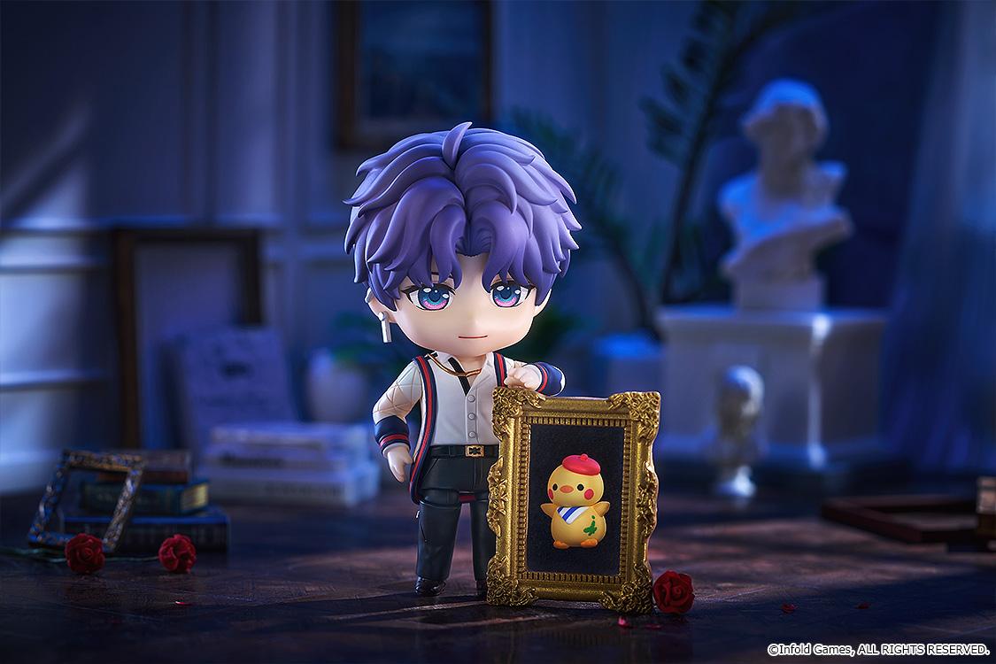 Rafayel Nendoroid figure standing beside a large ornate gold frame containing a portrait of the Artsy Birb inside a moody gallery diorama.