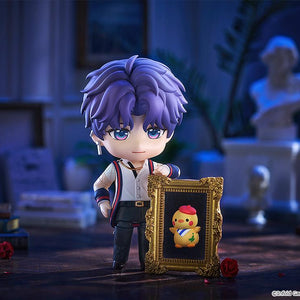 Rafayel Nendoroid figure standing beside a large ornate gold frame containing a portrait of the Artsy Birb inside a moody gallery diorama.