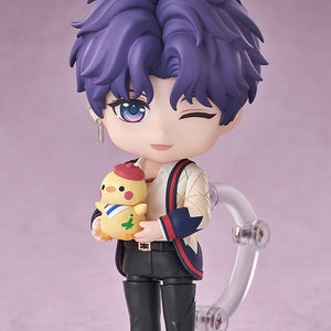 Close-up of the winking Rafayel Nendoroid figure cradling the small yellow Artsy Birb wearing a red beret in both hands.