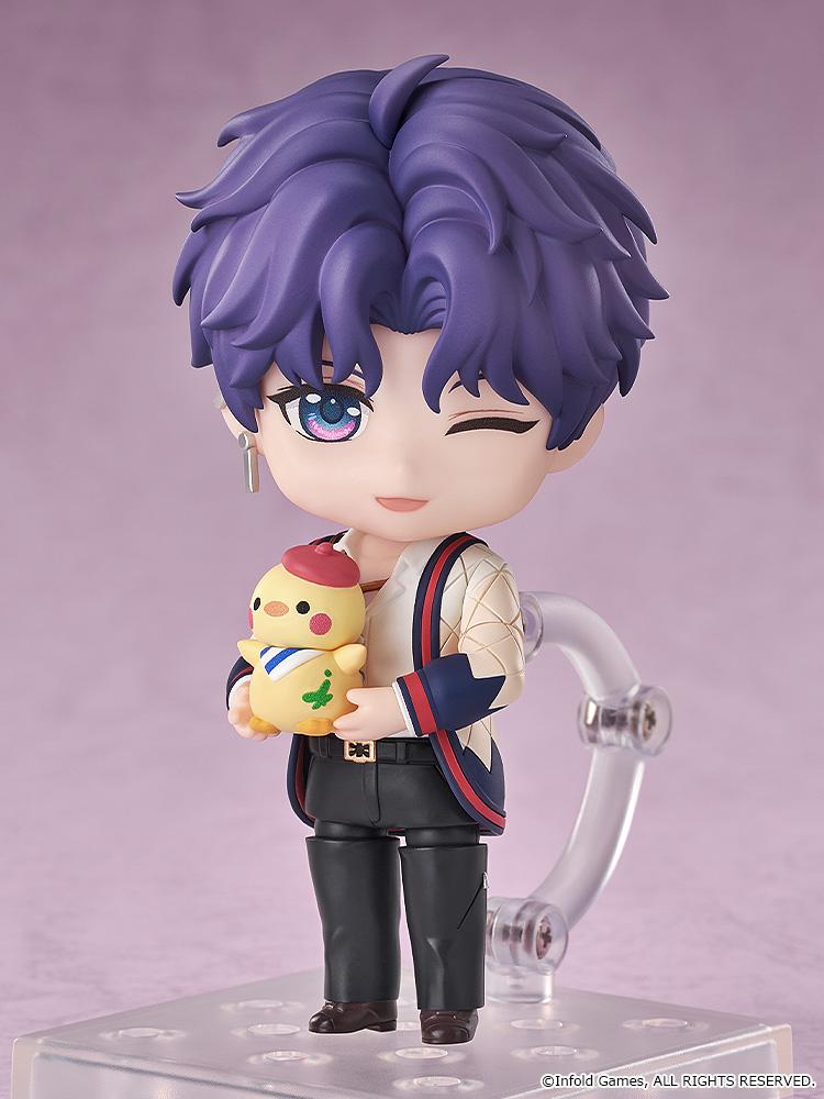 Close-up of the winking Rafayel Nendoroid figure cradling the small yellow Artsy Birb wearing a red beret in both hands.