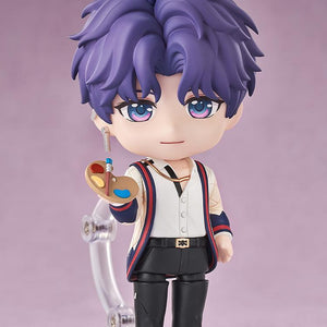 Rafayel Nendoroid figure holding a wooden paint palette and paintbrush accessory, featuring his gentle smiling expression.