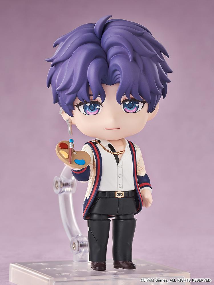 Rafayel Nendoroid figure holding a wooden paint palette and paintbrush accessory, featuring his gentle smiling expression.