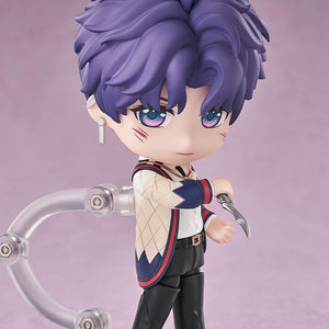 Side profile view of the Rafayel Nendoroid figure in a battle stance holding a silver dagger with his serious face plate and cheek scar details.