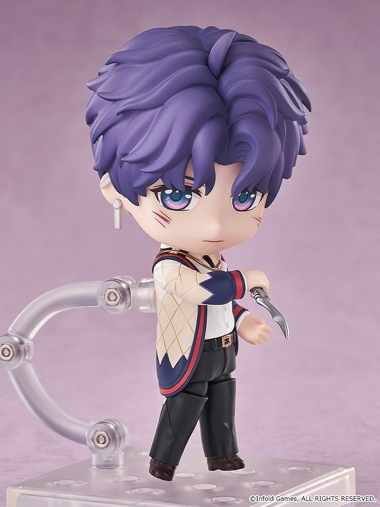 Side profile view of the Rafayel Nendoroid figure in a battle stance holding a silver dagger with his serious face plate and cheek scar details.