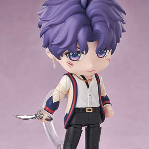 Front view of the Rafayel Nendoroid figure displaying his serious expression and holding an unsheathed silver dagger weapon.