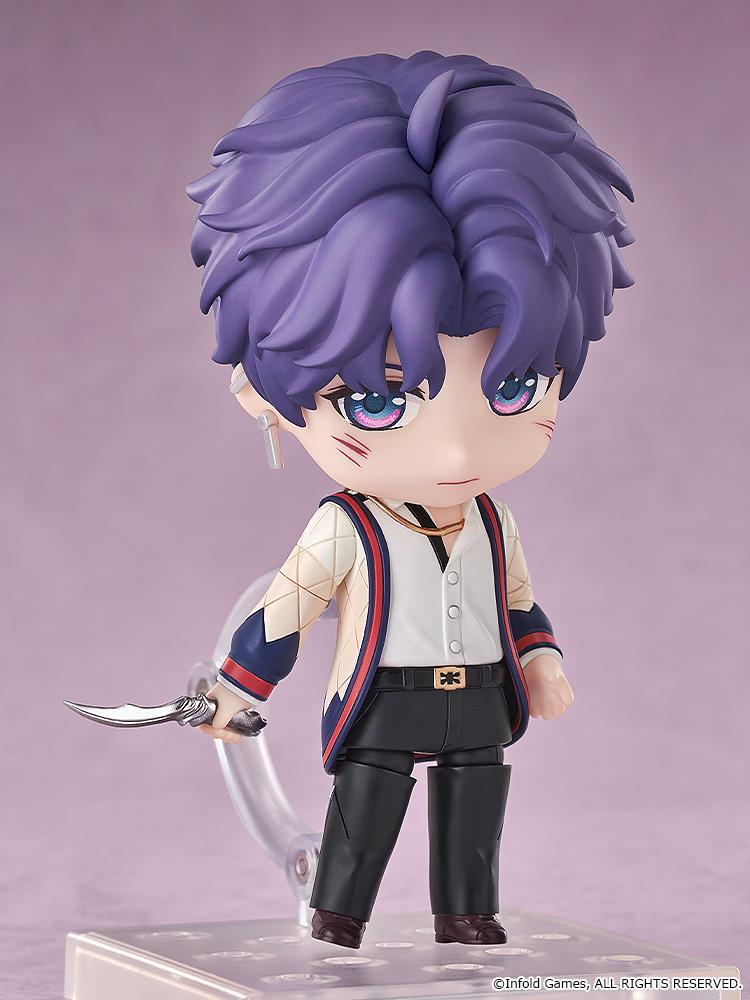 Front view of the Rafayel Nendoroid figure displaying his serious expression and holding an unsheathed silver dagger weapon.