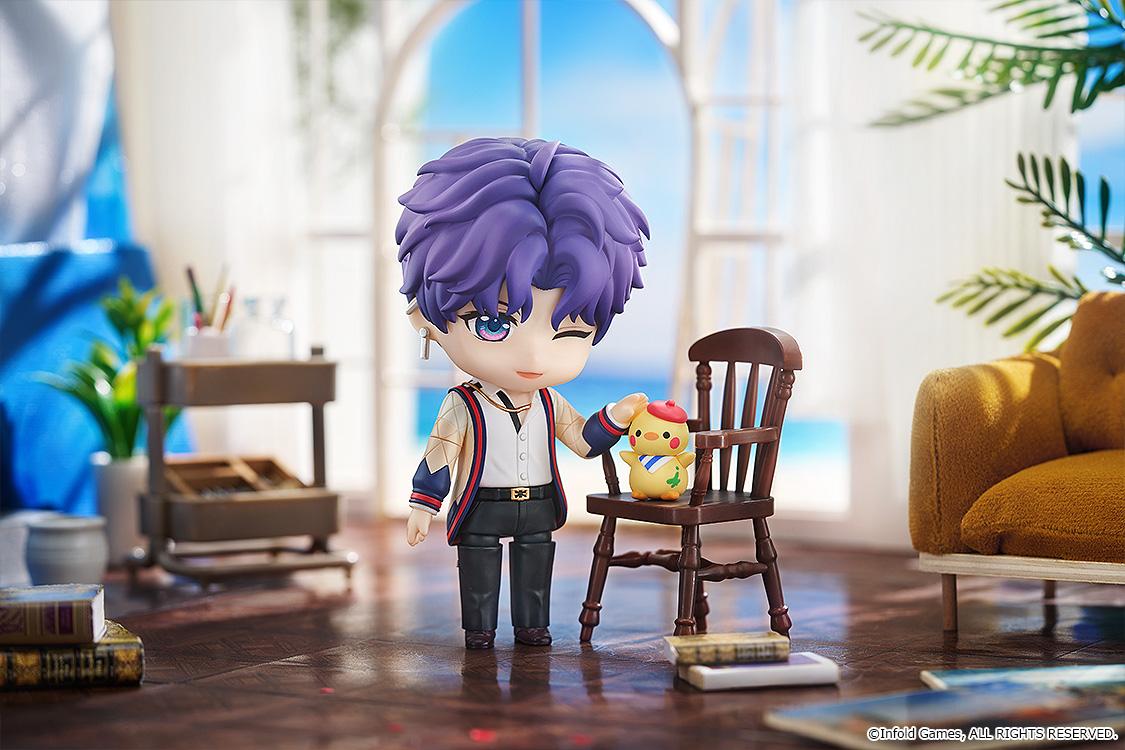 Winking Rafayel Nendoroid figure posing in a sunny room diorama beside a chair holding the Artsy Birb figure.