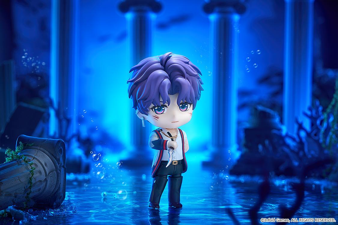Rafayel Nendoroid figure holding a silver dagger inside a blue underwater temple diorama surrounded by ancient stone pillars and water bubbles.