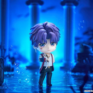 Rafayel Nendoroid figure holding a silver dagger inside a blue underwater temple diorama surrounded by ancient stone pillars and water bubbles.