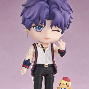 Rafayel Nendoroid figure with a winking face plate making a peace sign next to the Artsy Birb accessory on a clear display base.