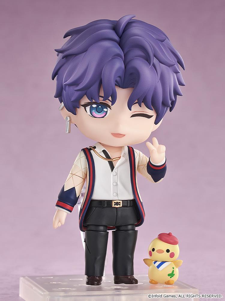 Rafayel Nendoroid figure with a winking face plate making a peace sign next to the Artsy Birb accessory on a clear display base.