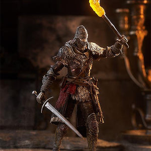 Dramatic action pose of the Elden Ring figma Raging Wolf holding a blazing yellow translucent torch high in one hand and his unsheathed bastard sword in the other.