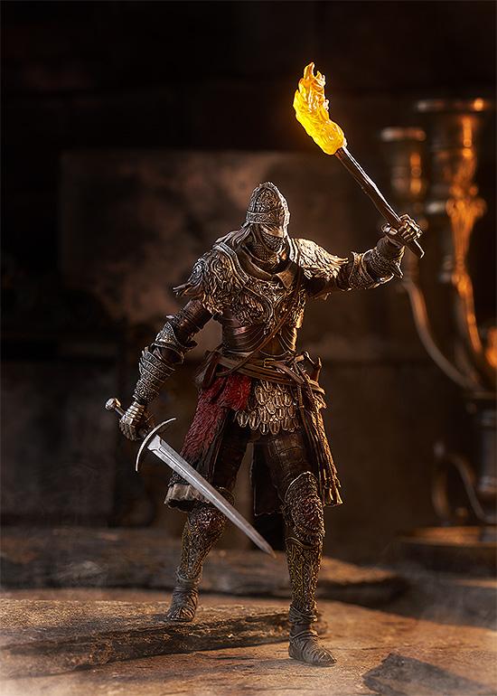Dramatic action pose of the Elden Ring figma Raging Wolf holding a blazing yellow translucent torch high in one hand and his unsheathed bastard sword in the other.