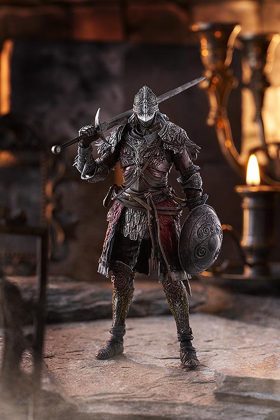 Atmospheric promotional diorama shot of the Elden Ring Raging Wolf figma standing inside a stone castle chamber backdrop next to a lit candelabra.