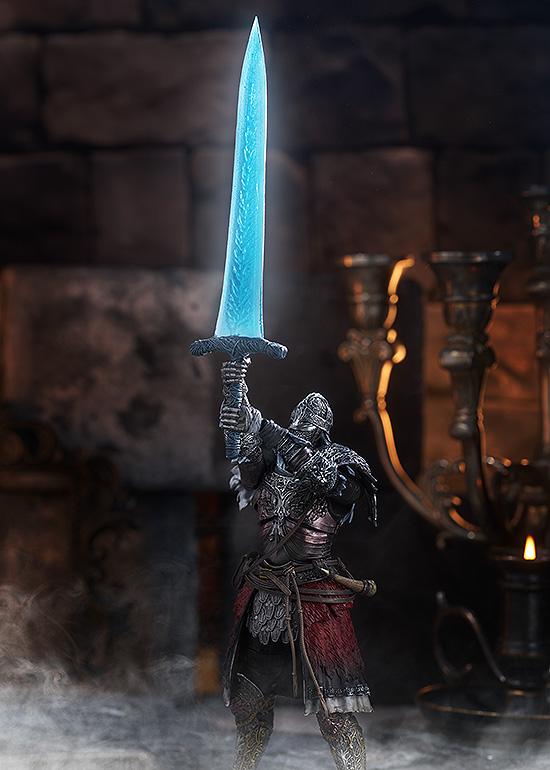 Full shot of the Raging Wolf action figure raising the glowing blue translucent Dark Moon Greatsword high above his head with both hands in a smoky, candlelit stone chamber.