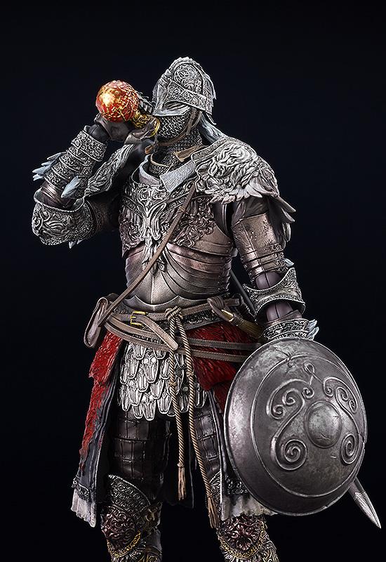 Close-up front view of the figma Raging Wolf figure posing as if drinking from the round, ornate gold and red Flask of Crimson Tears item.