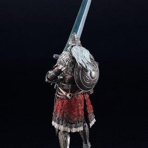 Rear three-quarter view of the Raging Wolf figma figure holding the glowing Dark Moon Greatsword upright behind his back, showcasing the round iron shield details.