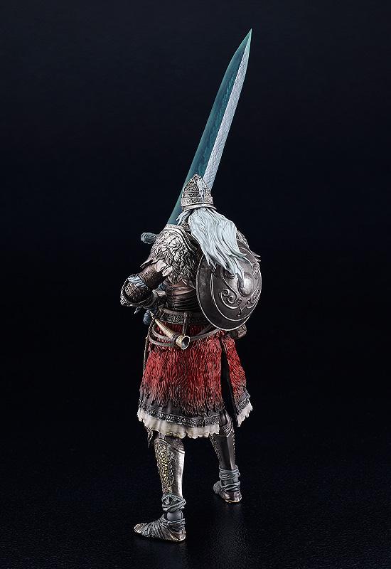 Rear three-quarter view of the Raging Wolf figma figure holding the glowing Dark Moon Greatsword upright behind his back, showcasing the round iron shield details.