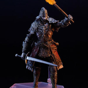 Articulated Elden Ring knight figure holding an illuminated orange translucent torch accessory aloft while gripping a bastard sword in his other hand.