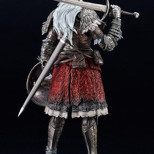 Full-body rear view of the Raging Wolf figma figure on a black background, highlighting the silver hair, detailed cape armor, and red fabric skirt accents.