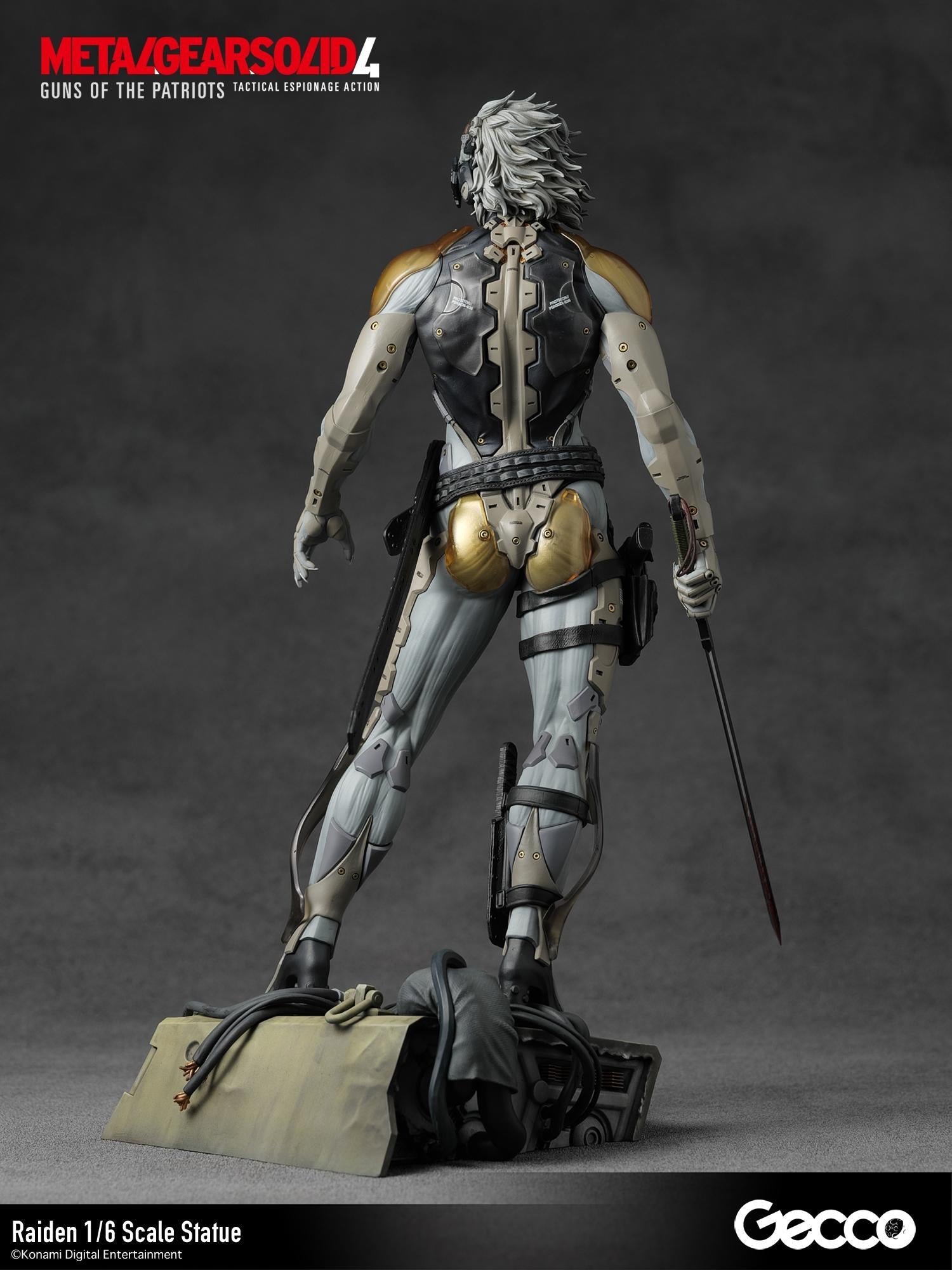 Rear angle shot of Raiden holding his high-frequency blade with detailed leg armor.