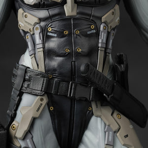 Frontal view of the intricate cyborg exoskeleton torso showing mechanical fasteners and plating.