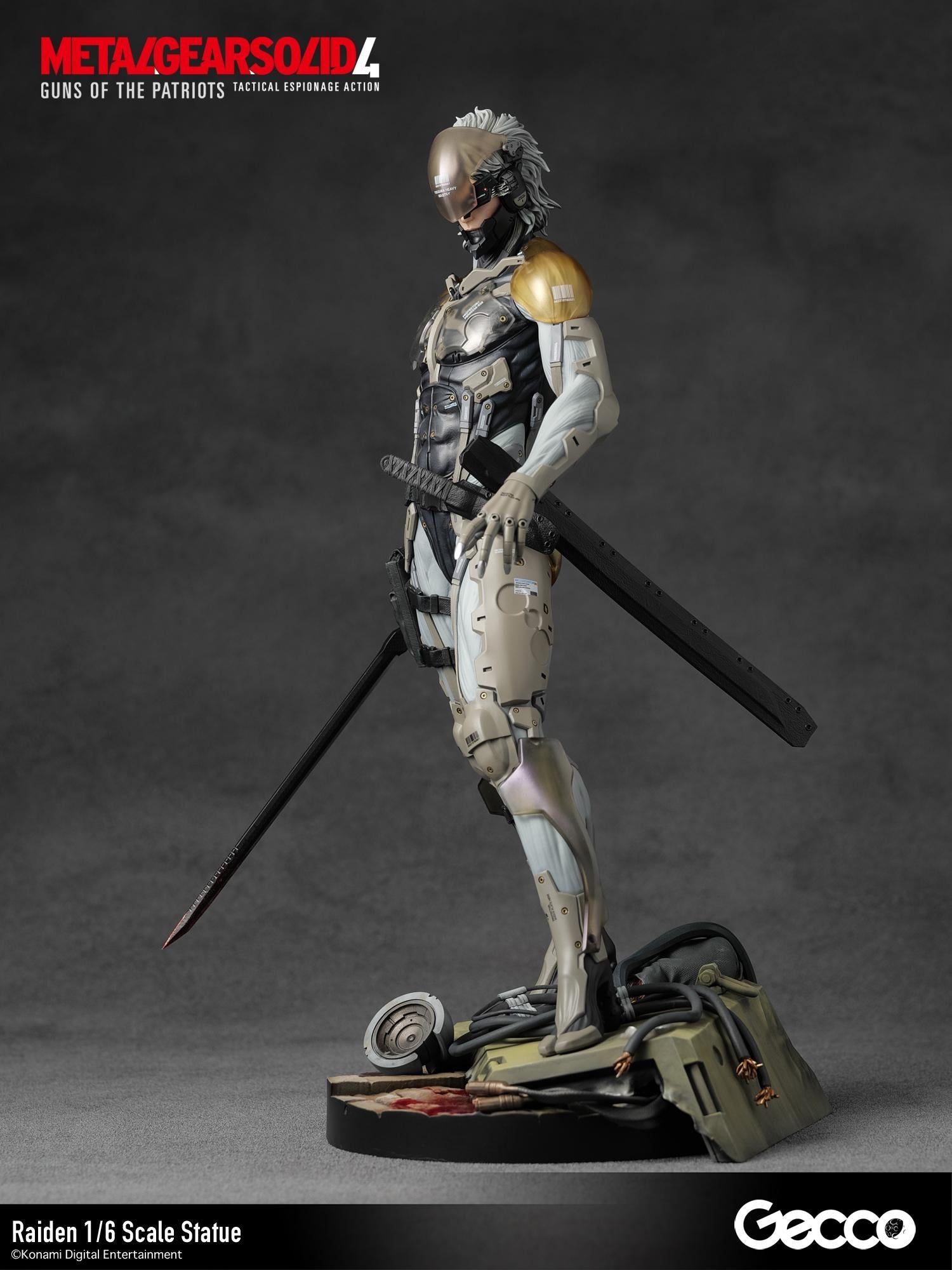 Dramatic side pose of Raiden highlighting the metallic texture and precision sculpt of the figure.