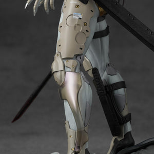 Close-up of the mechanical leg armor and intricate joint details on the 1/6 scale Raiden statue.