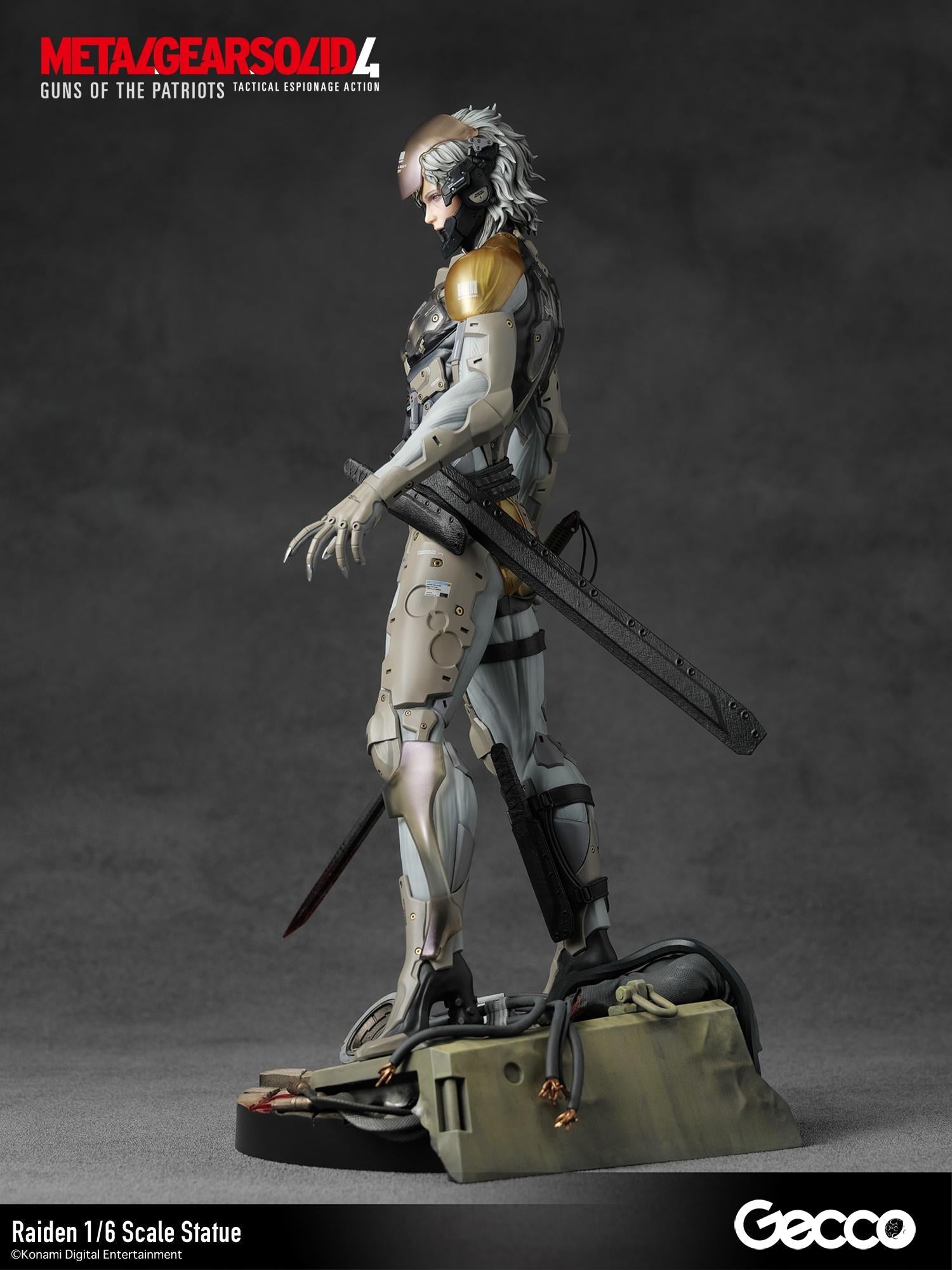 Profile shot of Raiden in his cyborg armor highlighting the tactical knife and holster.