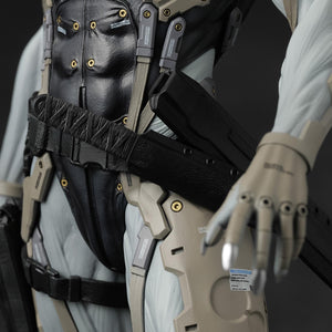 Side angle view of Raiden's tactical belt, holster, and the high-frequency blade scabbard.
