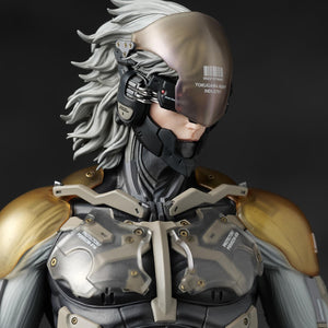 Close-up angled view of the tactical visor lowered, highlighting the intricate cyborg components.