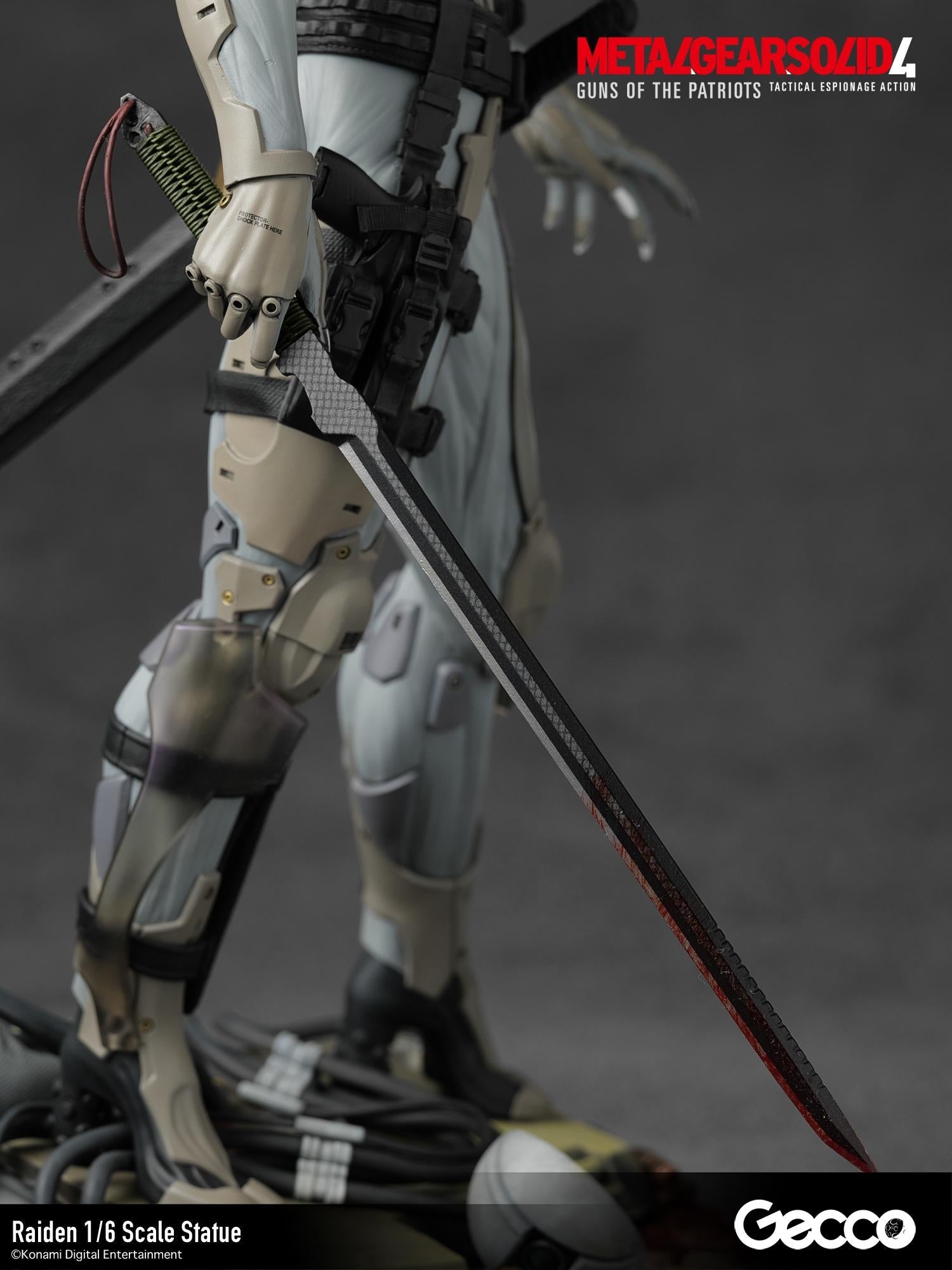 Close-up of Raiden holding the high-frequency blade featuring realistic blood-stained edge detailing.