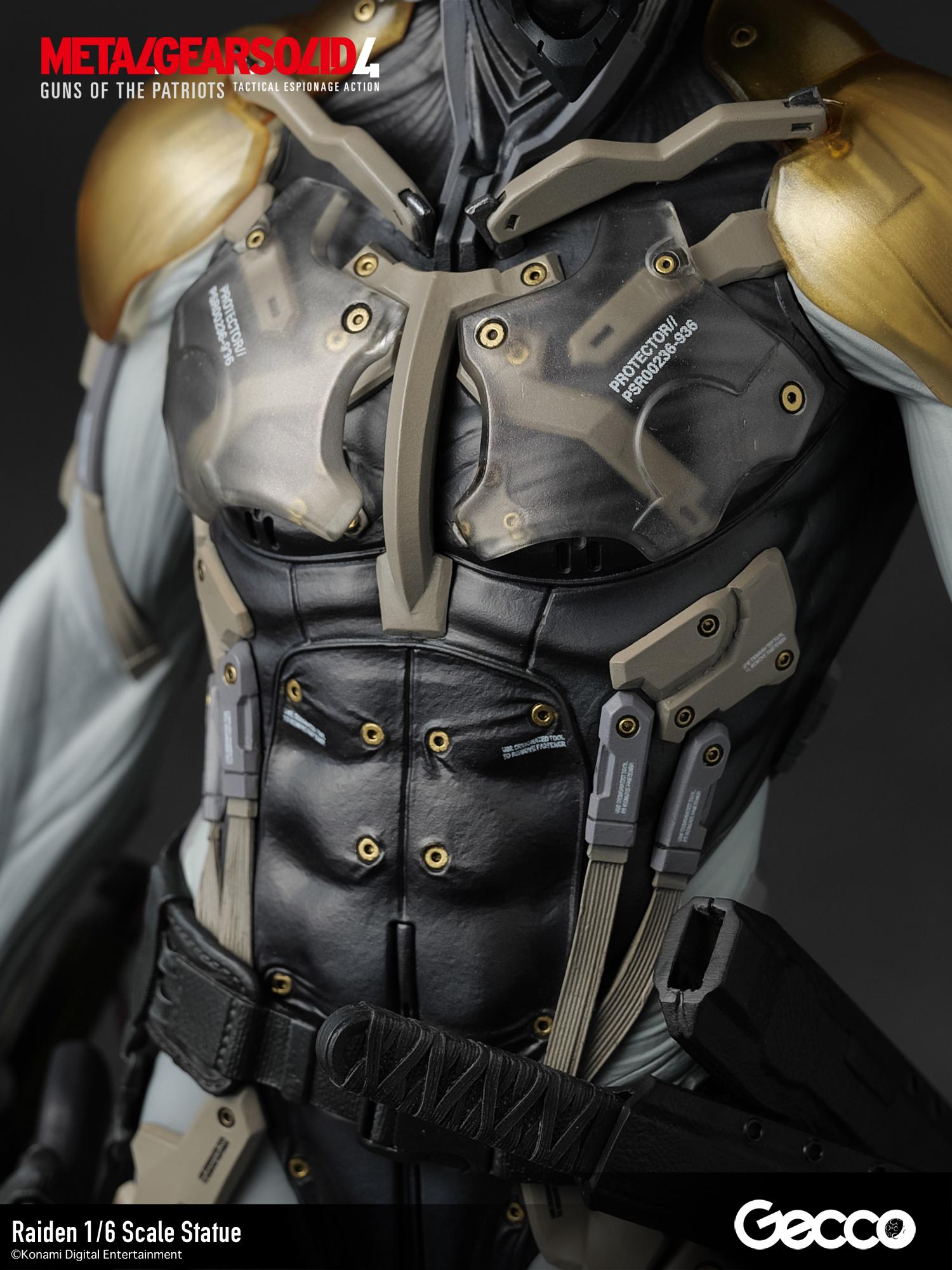 Close-up of the torso armor showing mechanical fasteners and the open-close chest plate mechanism.